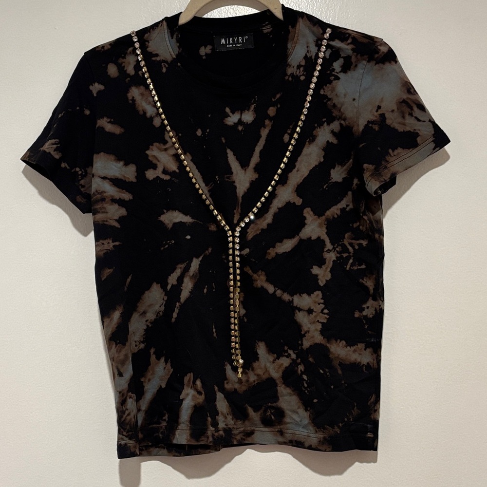 Mikyri Black and Brown Tie-Dye T-Shirt with Rhinestones